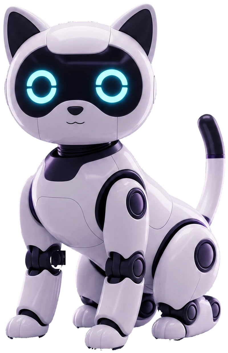 Mascota robot de Latido: un gatito robótico blanco y negro con ojos luminosos, la cara del agente de IA.