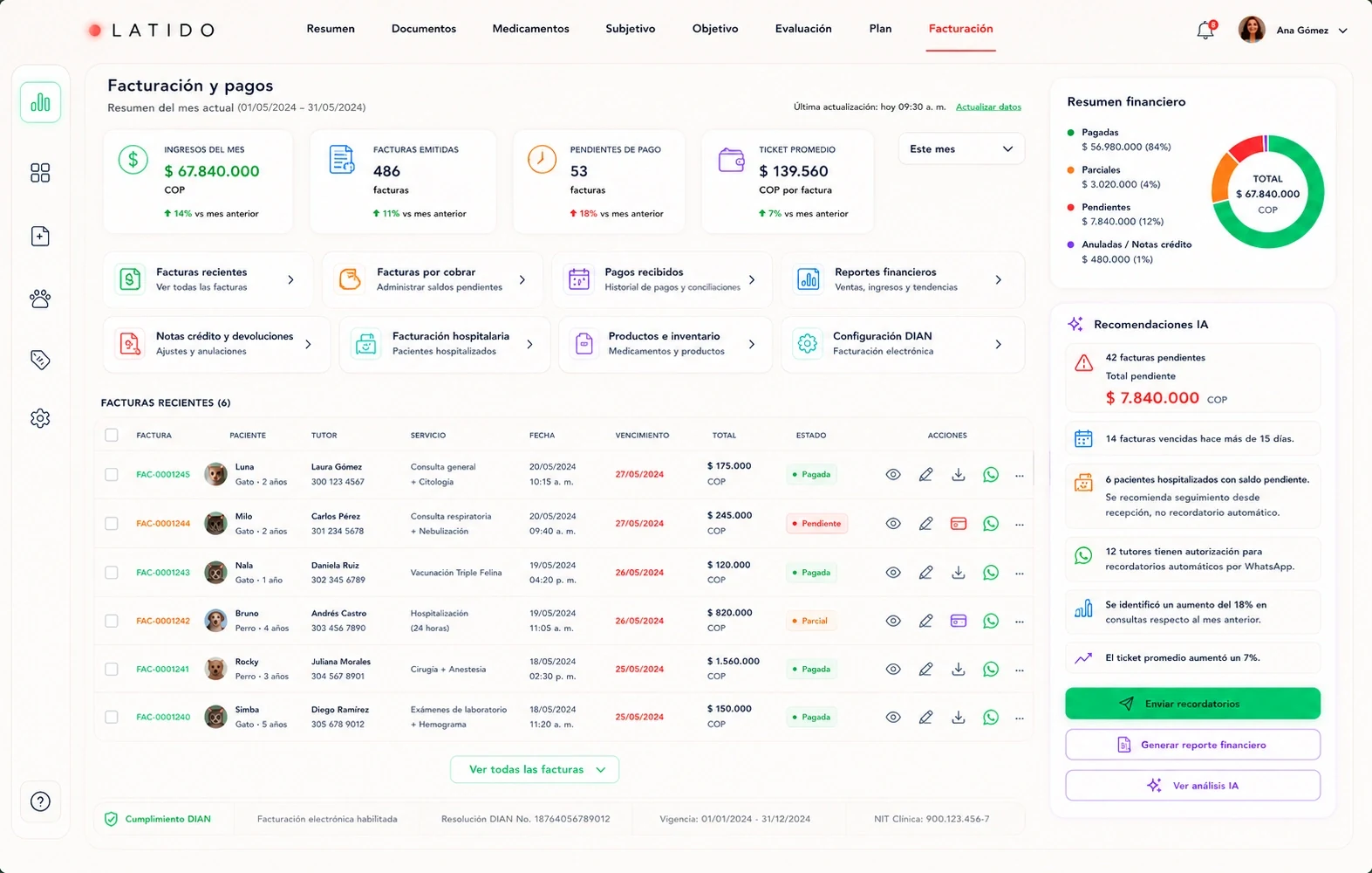 Módulo de facturación y pagos de Latido con el resumen financiero del mes y recomendaciones de IA.