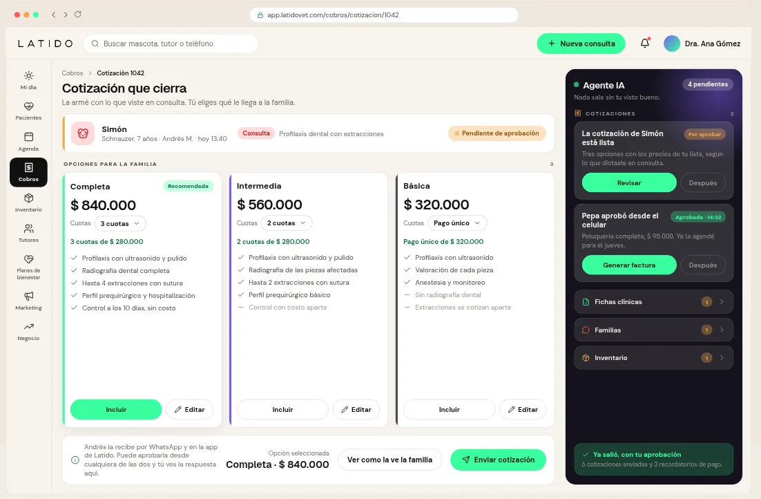Cotización de Latido con tres opciones de tratamiento para la familia, lista para enviar por WhatsApp, y el Agente IA con cotizaciones, fichas clínicas y familias pendientes de revisar.
